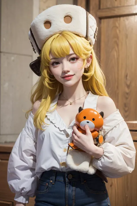 <lora:Hook:0.9> 1 short girl,(orange eyes:1.2), light smile, blonde hair, white hat,