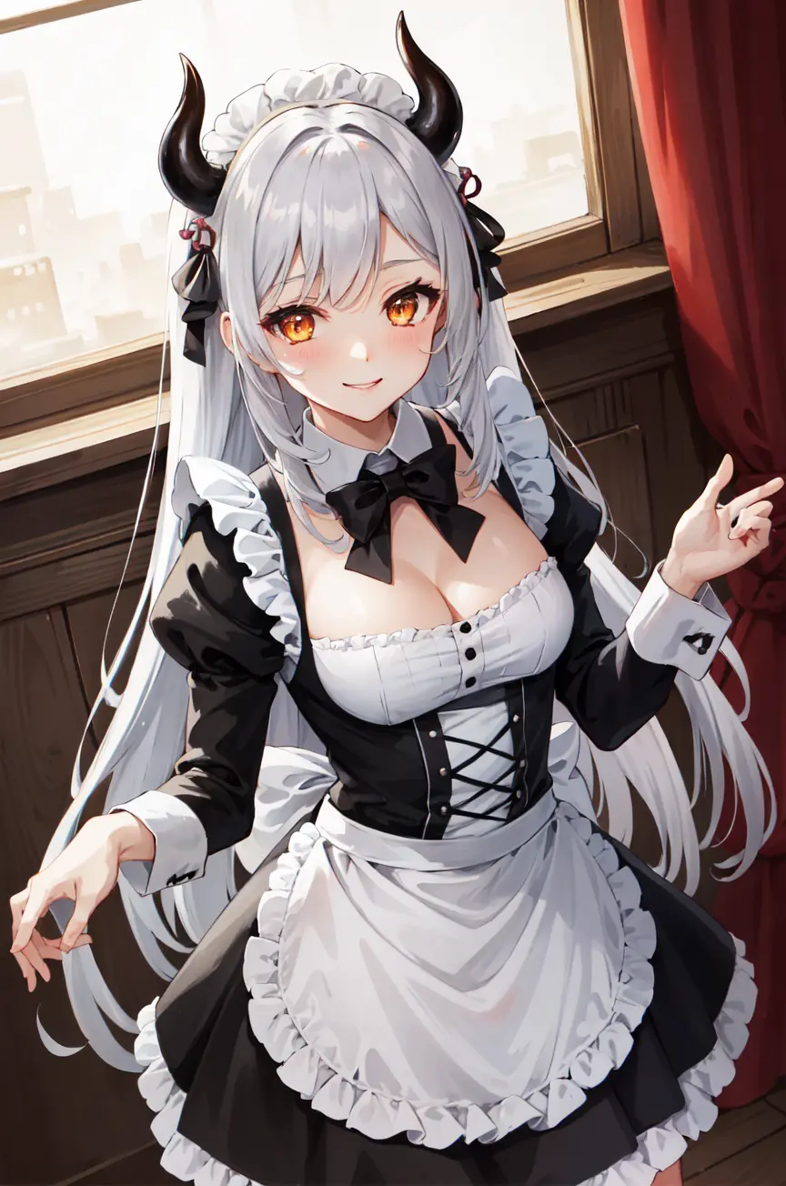 SuouPatra, solo, 1girl, silver hair, demon tail, long hair, orange eyes, demon girl, demon horns, smile, standing, dynamic pose, <lora:SuouPatra:1>, 8k, masterpiece, best quality, absurdres, perfect antomy, cinematic lighting, cowboy shot, (maid uniform:1.1)
