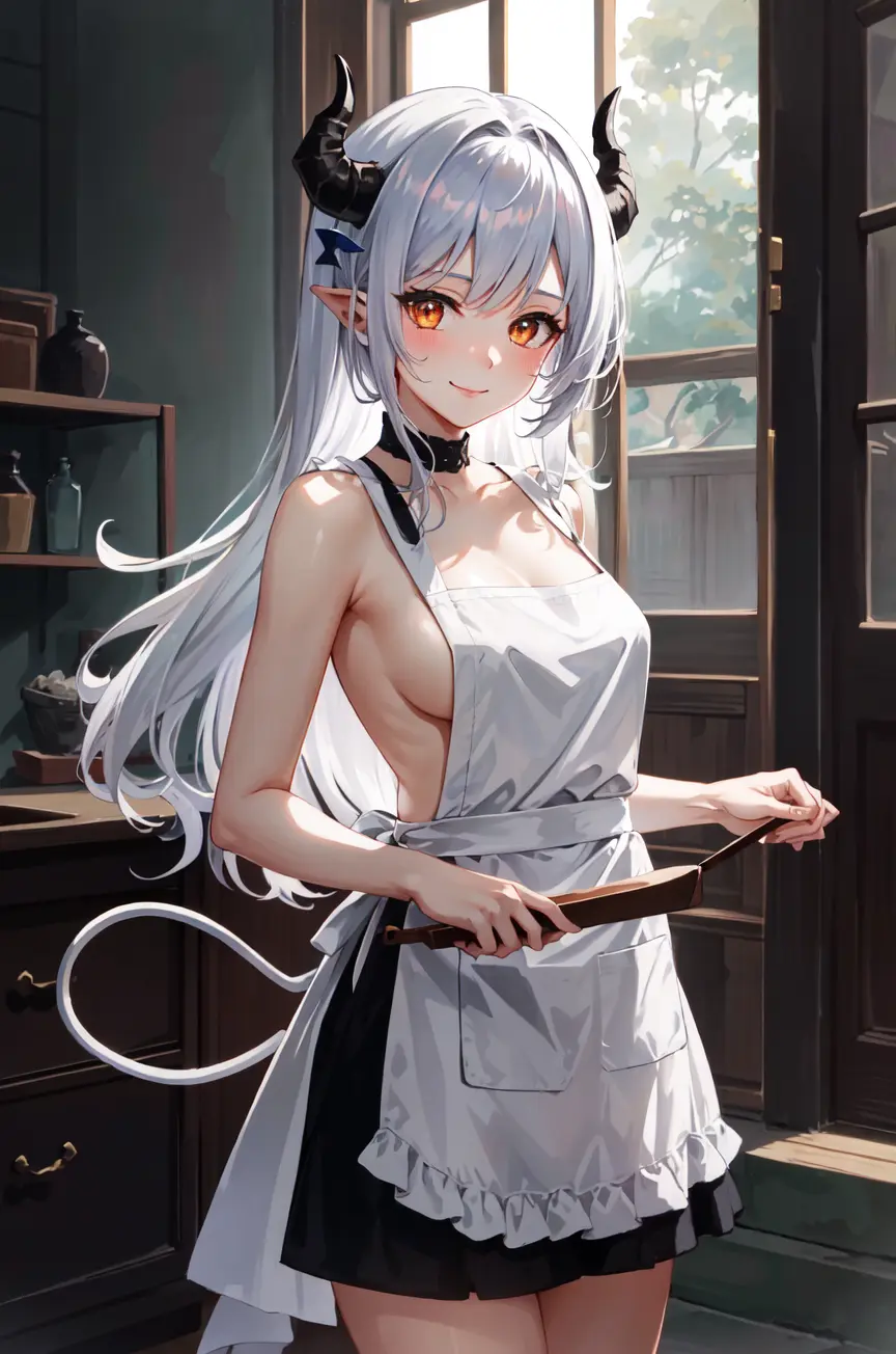 SuouPatra, solo, 1girl, silver hair, demon tail, long hair, orange eyes, demon girl, demon horns, smile, standing, dynamic pose, <lora:SuouPatra:1>, 8k, masterpiece, best quality, absurdres, perfect antomy, cinematic lighting, cowboy shot, (naked apron:1.1)