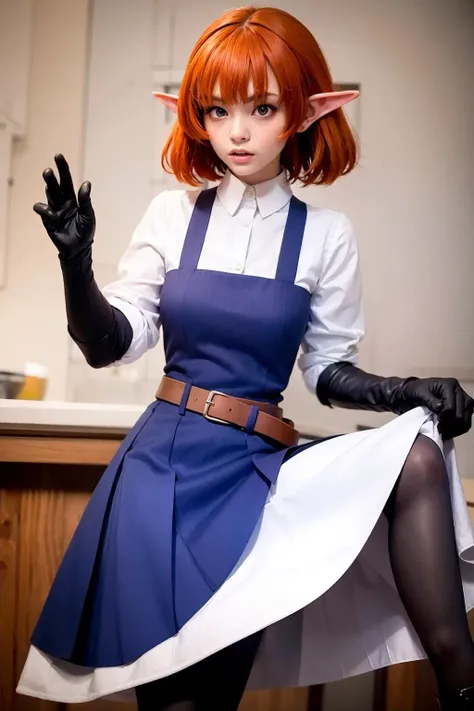 masterpiece, best quality, <lora:vamirio:1>,1girl,solo,vamirio,pointy ears,red eyes, orange hair, short hair,gloves, dress,belt,pantyhose,