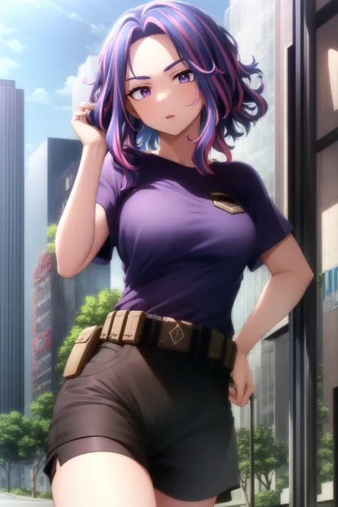 scan, (extremely detailed CG unity 8k wallpaper:1.1), highres, (1girl), lady nagant, boku no hero academia, <lora:Lady_Nagant_NAI_v1-1:1>, (purple hair), (multicolored hair), (purple eyes), breasts, tshirt, shorts, city park