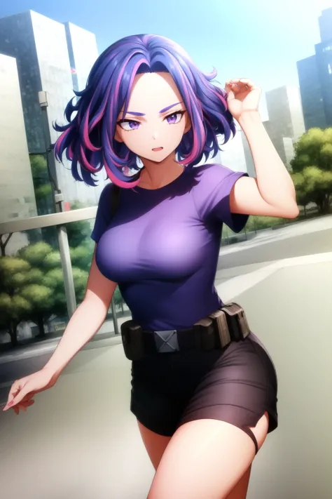 scan, (extremely detailed CG unity 8k wallpaper:1.1), highres, (1girl), lady nagant, boku no hero academia, <lora:Lady_Nagant_NAI_v1-1:1>, (purple hair), (multicolored hair), (purple eyes), breasts, tshirt, shorts, city park