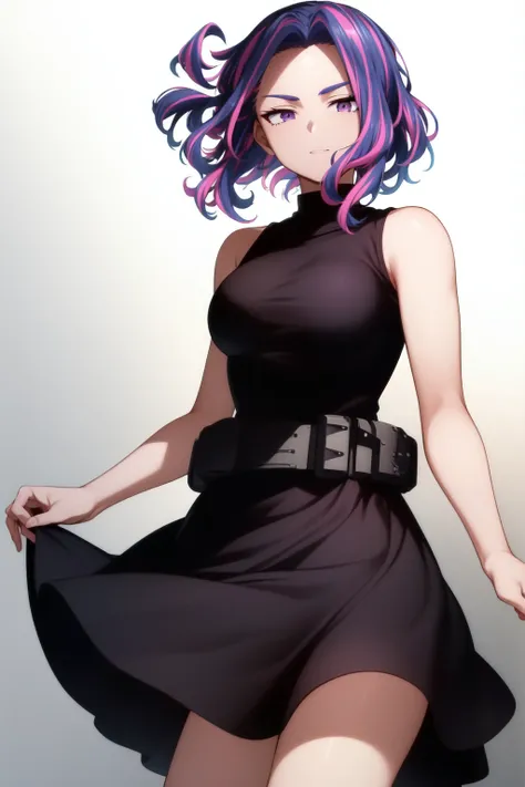 scan, (extremely detailed CG unity 8k wallpaper:1.1), highres, (1girl), lady nagant, boku no hero academia, <lora:Lady_Nagant_NAI_v1-1:1>, (purple hair), (multicolored hair), (purple eyes), black dress, sleeveless, breasts, belt