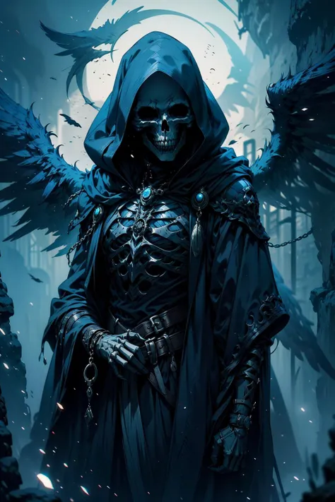 (masterpiece:1.1), (best quality:1.1), (aesthetic:1.1), (vibrant colors:1.2), BREAK,
(scifi:1.0), (noir:1.0), (dark fantasy:1.0), (eerie:1.0), (grim:1.0), (ominous:1.0), (blue theme:1.2), BREAK,
(solo:1.2), (reaper:1.1), (male focus:1.1), (skeleton:1.0), (hood:1.0), (cloak:1.0), (breast plate:1.0), (ornaments:1.0), (golden jewelry:1.1), (blue glow:1.1), (wings:1.1), (ghastly:1.0), (blue energy:1.0), <lora:reaper:0.8>,BREAK,
(apocalypse:1.0), (end of the world:1.0), (armageddon:1.0),