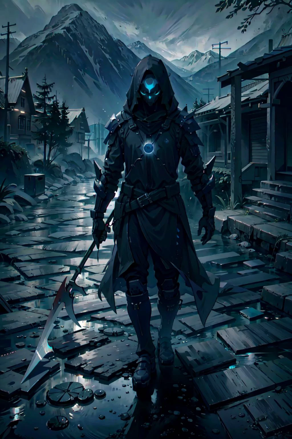 (beside the stream in the mountains,cobblestone floor:1.5),(masterpiece, best quality, ultra detailed, hyper realistic, photo), delicate pattern, detailed background, super fine concept art,(darkness:1.4), dynamic lighting, faint light,high-contrast, (mysterious:0.8), (dark blue theme:1.3),ethereal, truth,
<lora:cyberhelmetv0.7:0.7> cyberhelmet,Full-face helmet,cyberarmor, <lora:reaper:0.6> reaper, holding, scythe