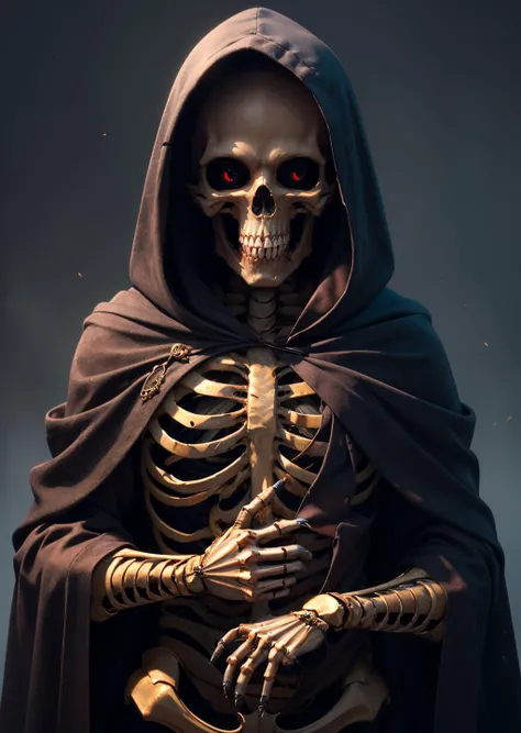 (masterpiece:1.3),(best quality:1.2),8k,absurdres,unity 8k wallpapper,(extremely detailed:1.3),highestres, 1girl,hood, hood up,robe,claws, black hands, skeleton <lora:reaper:0.4>
