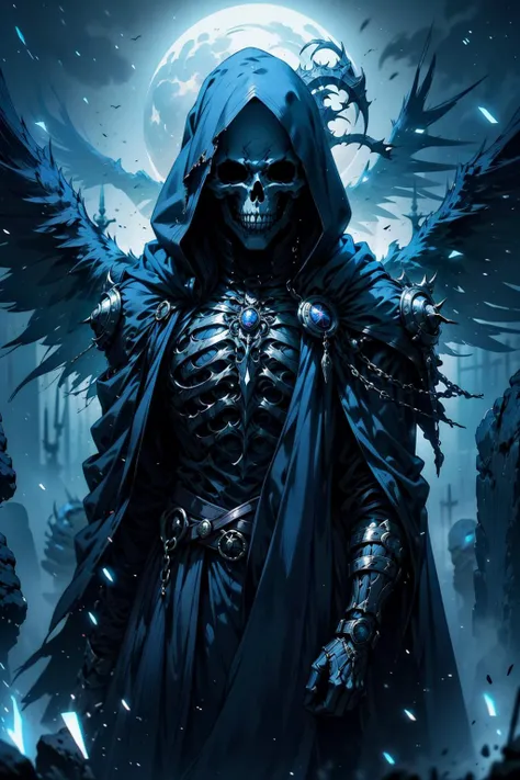 (masterpiece:1.1), (best quality:1.1), (aesthetic:1.1), (vibrant colors:1.2), BREAK,
(scifi:1.0), (noir:1.0), (dark fantasy:1.0), (eerie:1.0), (grim:1.0), (ominous:1.0), (blue theme:1.2), BREAK,
(solo:1.2), (reaper:1.1), (male focus:1.1), (skeleton:1.0), (hood:1.0), (cloak:1.0), (breast plate:1.0), (ornaments:1.0), (golden jewelry:1.1), (blue glow:1.1), (wings:1.1), (ghastly:1.0), (blue energy:1.0), <lora:reaper:0.8>,BREAK,
(apocalypse:1.0), (end of the world:1.0), (armageddon:1.0),