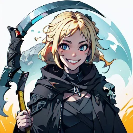 best quality, 4k, 8k, ultra highres, raw photo in hdr, sharp focus, intricate texture, skin imperfections, photograph, 1girl <lora:reaper:0.7> reaper bones skull scythe cute blond hair smiling