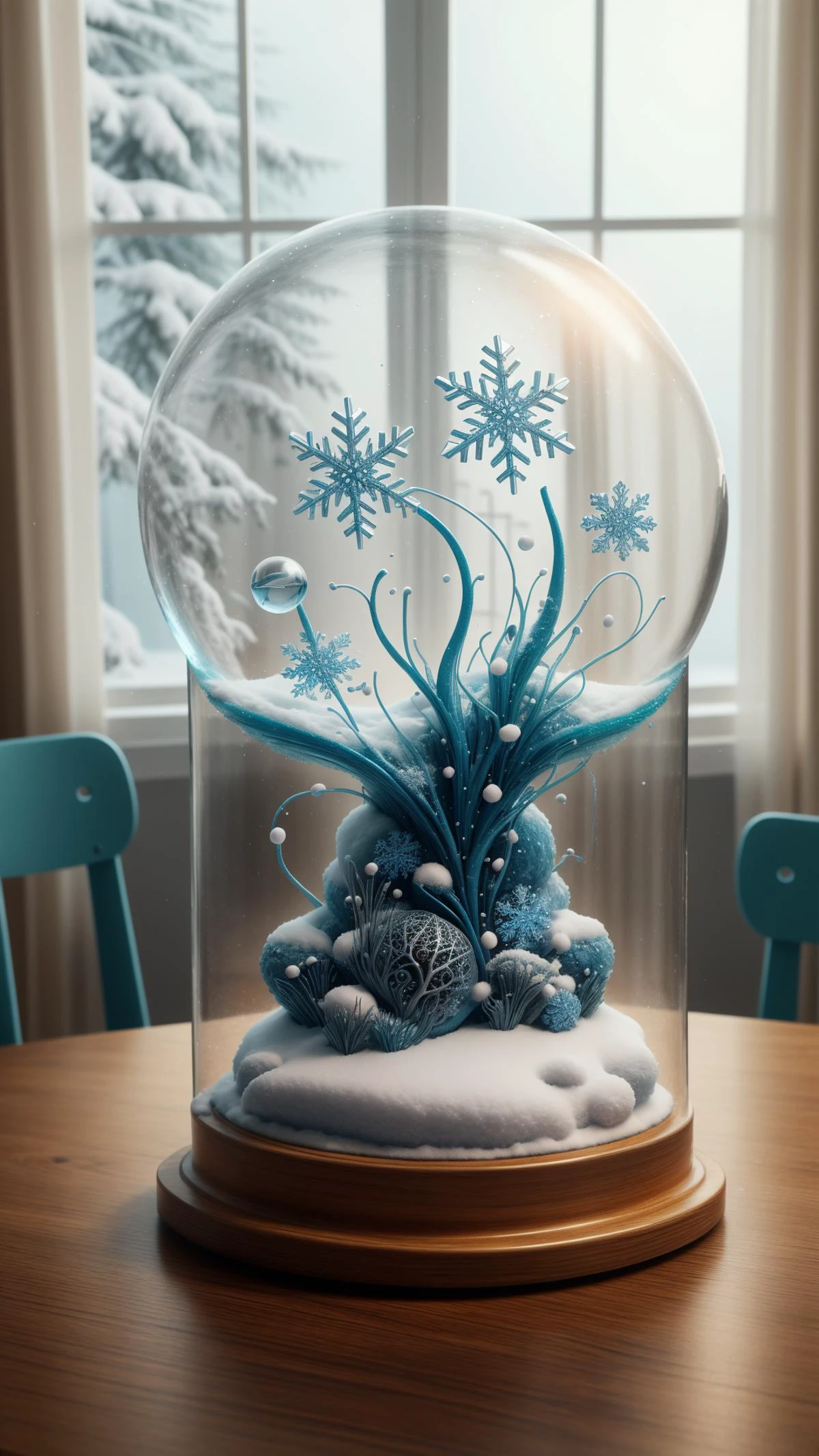 <lora:ElementWater:0.8>ElementWater Digital painting of a snowglobe sitting on a wooden table, softly lit by warm sunlight. Inside the snowglobe, intricate snowflakes slowly fall around floating memories: a small house, a teddy bear, a letter. A violin sits atop the table, its strings vibrating softly, emitting tendrils of soft light that interact with the snowflakes. The atmosphere is calm and nostalgic., nature inspired, water, wet, drops, (Masterpiece:1.3) (best quality:1.2) (high quality:1.1)