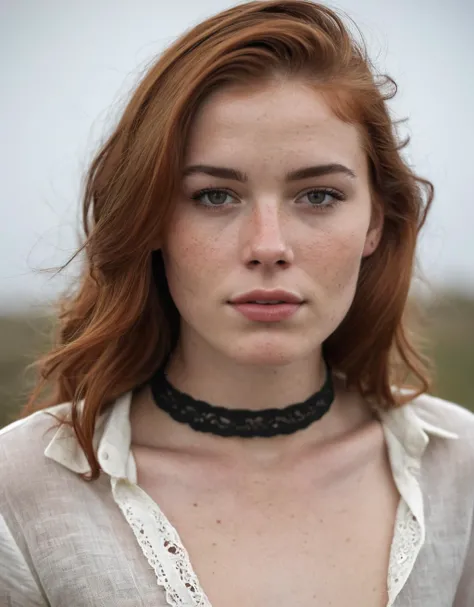 American, beautiful girl with Auburn hair and thick eyebrows with light freckles, (slim waist, narrow hips:1.2), wearing a lace choker and linen shirt, she has natural-looking skin, staring forward, 18 years old, sharp focus, detailed skin texture, cool overcast day, cloudy, real skin, textured skin, intricately detailed eyes, detailed lips, sharp focus, 16K, digital, (subsurface scattering:0.9)