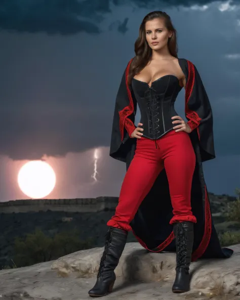 a 19 year old Evil (Romanian:1.4) sorceress wearing (heavy black robes:1.4) (intricately stitched red trim:1.4), (red pants:1.4), (tight red corset:1.3), (black knee high lace up boots), standing next to a (Giant Black coiled Cobra), action pose, stone fortress background, lightning storm in the sky, dark night, full crescent moon, dramatic dark style, detailed face, petite, natural large breasts, cleavage, real skin, textured skin, intricately detailed eyes, perfect lips, cinematic lighting, (subsurface scattering:0.9)