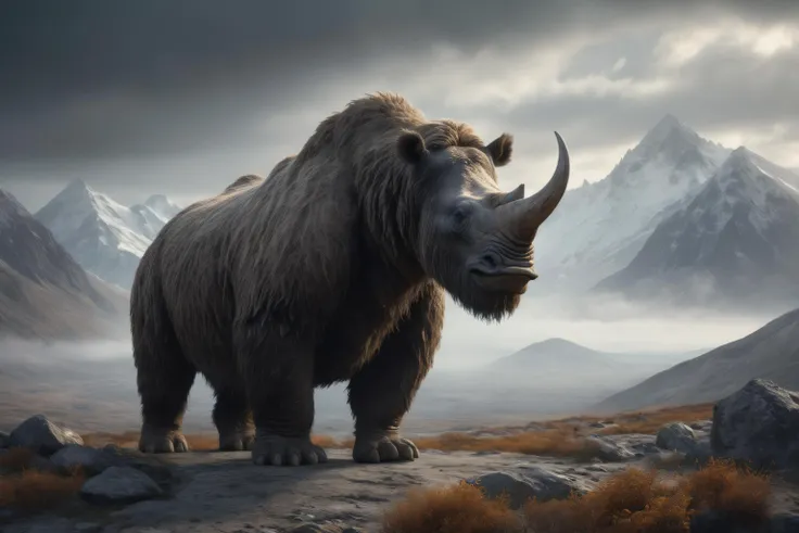 wide angle full body photo from a distance of an (angry woolly rhino in the distance:1.2), mountain background, astounding, intricate details, atmospheric and ethereal fog-engulfed horizon forbidden landscape, digital painting, cinematic lighting, (real skin, textured skin, intricately detailed eyes, perfect lips:1.1), 18 years old, cinematic lighting, (subsurface scattering:0.9), (depth of field:1.4)
