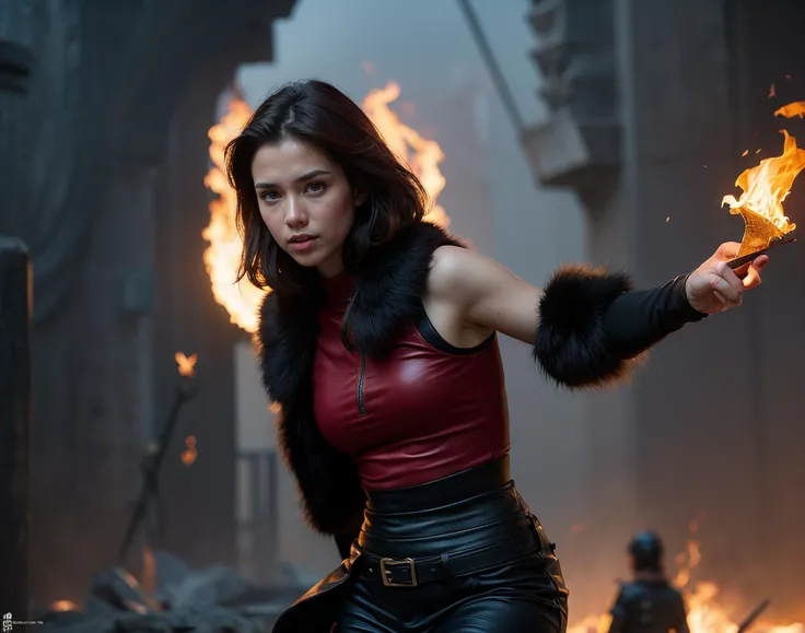 (photorealistic:1.5) perfect photo of one young woman that lived with monsters , and now leads the people through fire to flee from them . summer time, action poses, (intricately detailed clothing), (leather and fur and animal skin clothing:1.4), (flame orange-red hair:1.5) , short hair , epic, beasts, wizards, warriors, ancient time fantasy world setting, realism, cinematic lighting, greg rutkowski, wlop, swords, axes, hammers, spears, ruined cities, burned fields, spells, flame, ice, wind