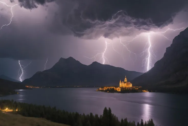 photograph of a massive cathedral at the foot of a majestic mountain, lake in the foreground, raging thunderstorm, ghostly face in the clouds, lightning flashing in the sky, lights and lightning reflecting off the lake