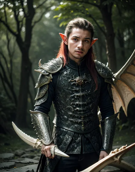 (photorealistic:1.4) (sharp focus:1), close shot, raw fantasy photo of 25 year old boy as a wild elf, long hair, (pointed ears:1.3), (daylight:1.5) , (in thematic magic fantasy mountain forest background), wearing (intricate dragon engraved:1.6) (dragon bone armor:1.6), from front, centered, (leafs floating:1.2), (particle light:1.4), dirt, ambient light, volumetric lighting, depth of field, (atmospheric fog), sharp focus, (high contrast), (small ears:1.1), vivid colors