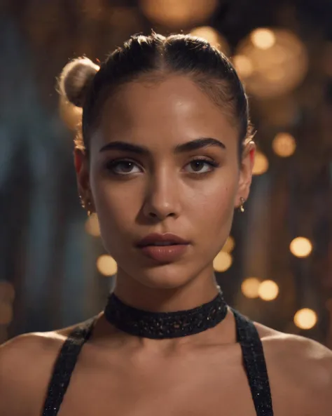 photo of a beautiful girl, 26 years old, bun hair, exotic outfit, cinematic light, skin pores, shadows, (Black Lights (UV):0.2), real skin, textured skin, intricately detailed eyes, detailed lips, 16K, (subsurface scattering:0.9)