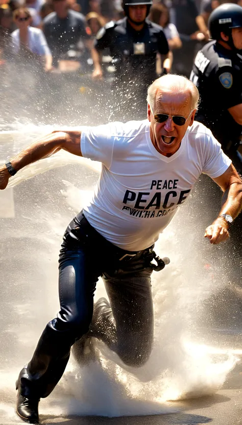 Prompt:
actionshot of old falling protester joe biden wearing wet t-shirt with text: (PEACE!!!) hit by (multiple policemen with shields)+++, water cannon, cruiser with lights on, water , actionshot, amazing shadows, masterpiece, 8k dlsr, hyperdetailed photograph, high budget documentary about Wall Street protests

LoRAs - ActionShot - Weight 0.8