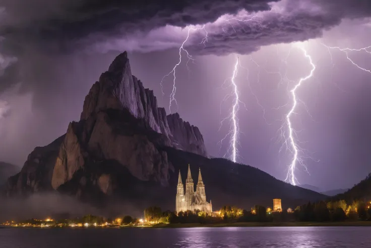 photograph of a massive cathedral at the foot of a majestic mountain, lake in the foreground, raging thunderstorm, (evil face in the clouds:1.5), (black and purple in the sky:1.1), lightning flashing in the sky, lights and lightning reflecting off the lake