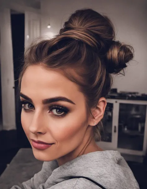 photo of a gorgeous girl, messy bun hair, nighttime, sexy