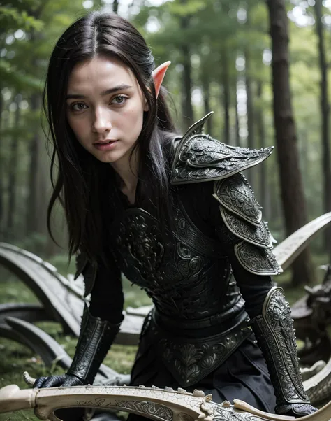 (photorealistic:1.4) (sharp focus:1), close shot, raw fantasy photo of 25 year old girl as a wild elf, long hair, (pointed ears:1.2), (daylight:1.5), (in thematic magic fantasy mountain forest background), wearing (intricate dragon engraved:1.6) (dragon bone armor:1.6), from front, centered, (leafs floating:1.2), (particle light:1.4), dirt, ambient light, volumetric lighting, depth of field, (atmospheric fog), sharp focus, (high contrast), (small ears:1.1)