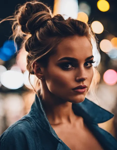 photo of a gorgeous girl, messy bun hair, nighttime, sexy