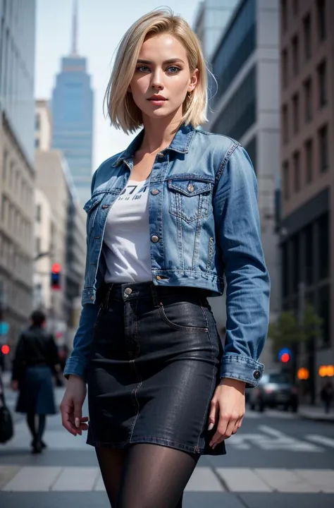 photograph of android 18, wearing blue-jean jacket and (skirt), black pantyhose and shirt, photoreal, hyperreal, (realistic skin texture, highly detailed face), best quality, masterpiece, absurdres, sharp focus, by arny freytag, downtown city background