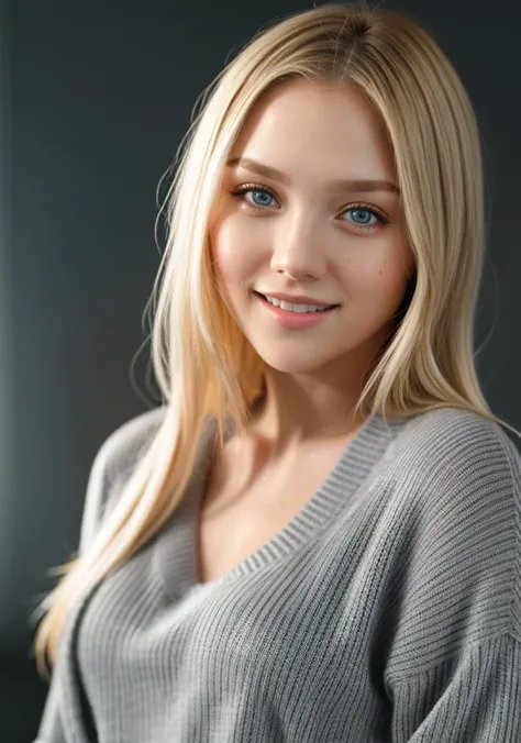 award-winning,professional headshot photo of beautiful l1lyrader with a beaming smile,wearing a (gray sweater:1.2),skin pores,looking at viewer,a woman as a movie star,(simple background:1.4),dark moody ambiance,(masterpiece:1.2) (photorealistic:1.2) (bokeh) (best quality) (detailed skin:1.2) (intricate details) (nighttime) (8k) (HDR) (cinematic lighting) (sharp focus),(looking at the camera:1.1),(closeup portrait:1.1),hyperrealistic photography,photographed on a Sony a9 II Mirrorless Camera,50mm prime lens,F/1.4,(highly detailed),cinestill 800,8mm film grain,dynamic angle,(blonde hair),