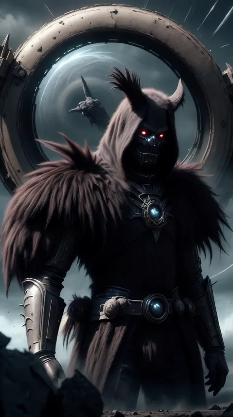 RAW photo, <lora:FurryStyle:1> FurryStyle portrait, solo, (full body:0.6), detailed background, detailed face, (<lora:GlyphTech:0.5>, scifi, magic circle, glyphtech theme:1.1), angry expression, dark death knight, tyrannical, red clothes, tattered armor, evil royal black crown, floating particles, rocks, vultures in background, dark ruins in background, shadowy dark sinister atmosphere, stormclouds, dark night, <lora:add_detail:0.5> Intricate details