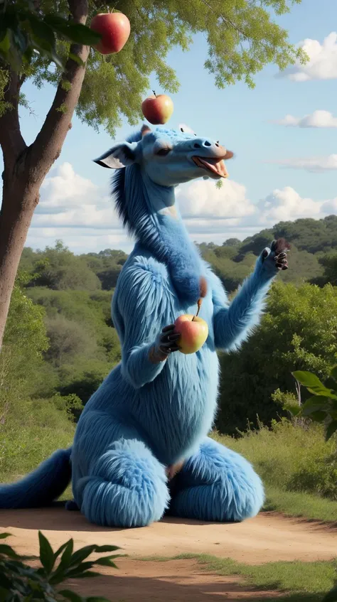 RAW photo, <lora:FurryStyle:1> FurryStyle Blue Giraffe out on the savannah, stretching it's long neck to reach a tall tree, eating apples from <lora:add_detail:0.5> Intricate details