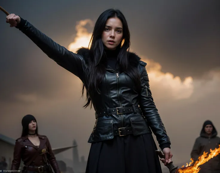 (photorealistic:1.5) perfect photo of one young man that lived with demons , and now leads the people through fire to flee from them . spring time, action poses, (intricately detailed clothing), (leather and fur and animal skin clothing:1.4), (jet black hair:1.5), braided hair , epic, beasts, wizards, warriors, ancient time fantasy world setting, realism, cinematic lighting, greg rutkowski, wlop, swords, axes, hammers, spears, ruined cities, burned fields, spells, flame, ice, wind