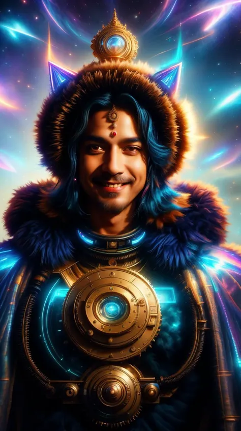 <lora:FurryStyle:1> FurryStyle furry (style-swirlmagic:0.8),  solo, upper body, looking at viewer, detailed background, detailed face, (<lora:MahabharataPunkAI:0.6>, MahabharataPunkAI theme:1.1), smiling, tinkerer-mage, technomancer, movement, [magic|technology], fusion of wizardry and  technology,  detailed [enchanted robes|mechanical gear], gear shaped tattoos,   cape, [cables|ancient lights], mechanical device],  holographic energy ley lines, [scientific|enchanting] aura, high tech  street in background,    <lora:add_detail:0.5>  Intricate details