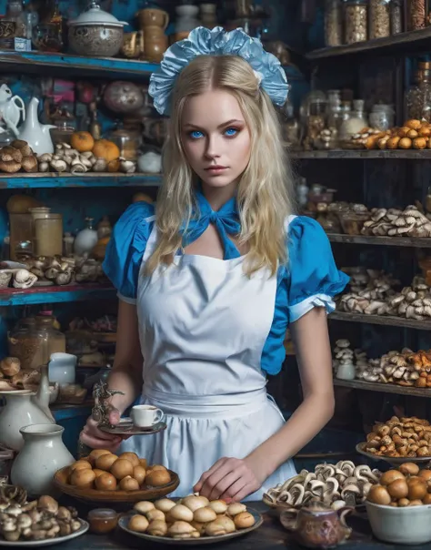 perfect photo, waist up, beautiful blonde woman, alice in wonderland, dreamy blue eyes, selling magic mushrooms, hypnotic eyes, drug addict, alice in cyberpunk town, blue dress with white apron, detailed background, cyberpunk, in her shop, fantastic items, cyberpunk, neon, devices, 22 years old, real skin texture, skin pores, detailed hair, city skyline at night