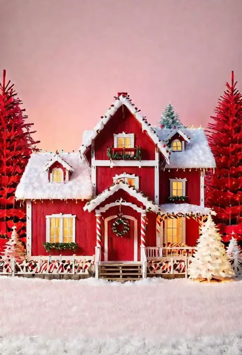 a wooden country house decorated with Christmas decorations and a decorated Christmas tree next to it, white and red color, digital art style, hight quality,detailed, colorful aura, brightly