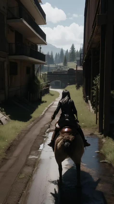 RAW Photo, <lora:chocobo-nvwls-v1:1> riding chocobo, chocobo, <lora:tifav2:0.6>, tifa lockhart, tifa_lockhart, leather skirtwide shot <lora:zoom_slider_v1:-6>
