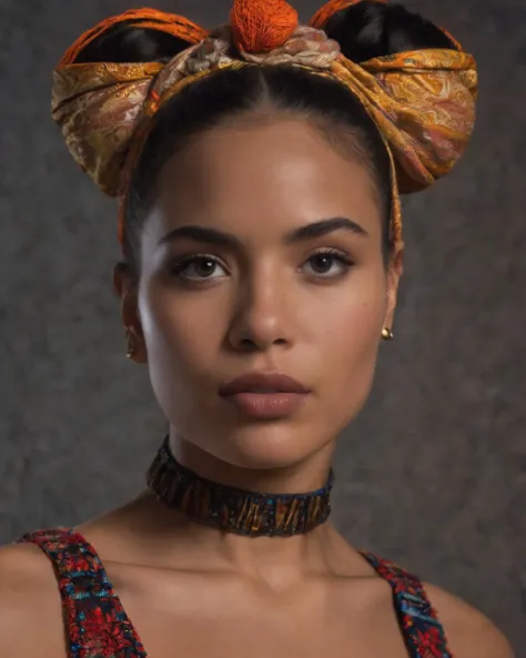 16K, (subsurface scattering:0.9) photo of a beautiful girl, 26 years old, bun hair, exotic outfit, cinematic light, skin pores, shadows, (Black Lights (UV):0.2), real skin, textured skin, intricately detailed eyes, detailed lips