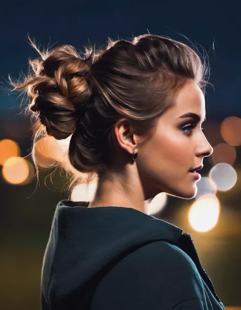 photo of a gorgeous girl, messy bun hair, nighttime, sexy