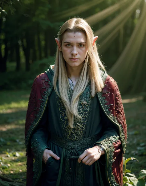 (photorealistic:1.4) (sharp focus:1), close shot, raw fantasy photo of 25 year old boy as a human , long hair, (pointed ears:1.3), (daylight:1.5) , (in thematic fantasy forest background), wearing (intricate dragon engraved:1.6) (wizard's robes:1.5), from front, ginger hair , centered, (leafs floating:1.2), (particle light:1.4), dirt, ambient light, volumetric lighting, depth of field, (atmospheric fog), sharp focus, (high contrast), (small ears:1.1), vivid colors, (clean shaven:1.5)