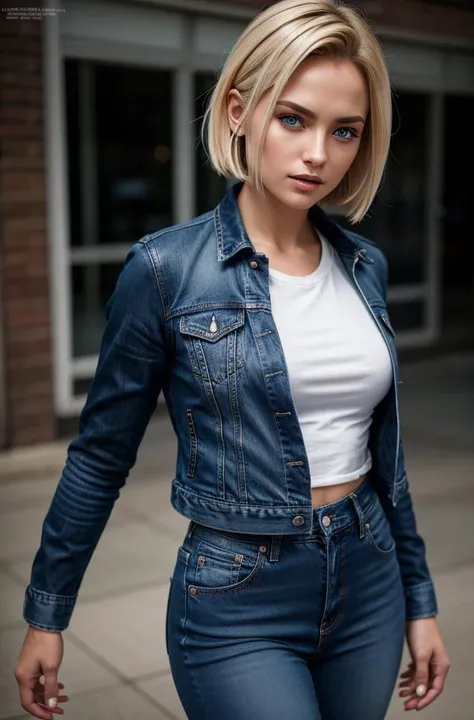 photograph of android 18, wearing blue-jean jacket and skirt, black pantyhose and shirt, photoreal, hyperreal, (realistic skin texture, highly detailed face), best quality, masterpiece, absurdres, sharp focus, by arny freytag