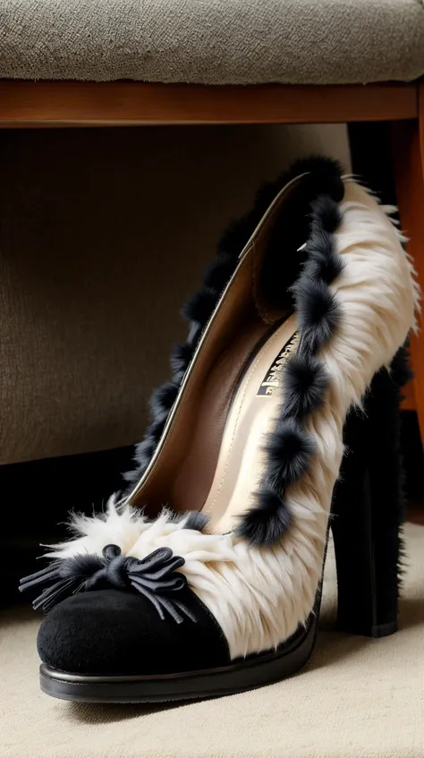 (best quality,4k,highres,masterpiece:1.2), ultra-detailed, realistic:1.37, close-up of black high-heels with red soles on the bed, stiletto heels, pointed-toe high-heels,(((Faux fur on top of heel、White mink、Spherical pom-pom decoration：0．2)))、(((Handbag behind high heels：There is 5）、(((Handbag behind high heels：There is 5）、Gold chain ornament、Gold Belt、Gold buckle、Gold ribbon、Gorgeous、Crocodile look、Gold border、Sequins、(((Handbag behind high heels：There is 5）、 bed scene, hotel, seductive atmosphere, dim lighting, passionate moment, lustful setting