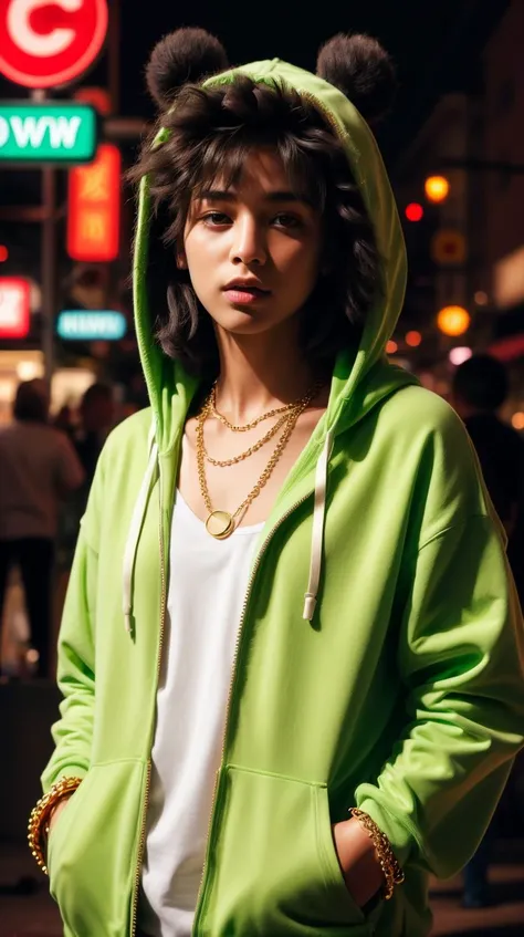 RAW photo,  <lora:FurryStyle:1> FurryStyle kid in a neon green hoodie with oversized gold chain necklaces <lora:add_detail:0.5>  Intricate details