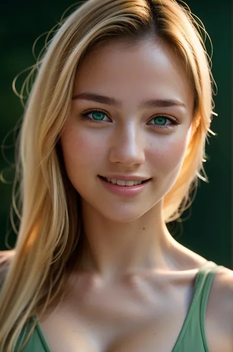 Woman's face, beautiful face, sexy face, golden ratio face, soft and long yellow hair, green eyes, big eyes, small nose,Very light green eyes, bright white skin, smiling, full lips