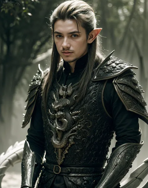(photorealistic:1.4) (sharp focus:1), close shot, raw fantasy photo of 25 year old boy as a wild elf, long hair, (pointed ears:1.3), (daylight:1.5), (in thematic magic fantasy mountain forest background), wearing (intricate dragon engraved:1.6) (dragon bone armor:1.6), from front, centered, (leafs floating:1.2), (particle light:1.4), dirt, ambient light, volumetric lighting, depth of field, (atmospheric fog), sharp focus, (high contrast), (small ears:1.1)
