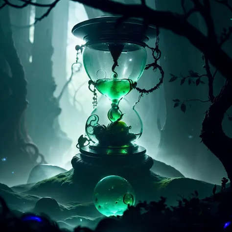 gelatintech Green Style-GravityMagic, portrait, solo, upper body, looking down, detailed background, detailed face, (<lora:DruidMagicAI:0.5>, DruidMagicAI, druidic theme:1.1)  (timeless wanderer:1.1), infinity,    hourglass,    standing still,  light aura, clock-face in background, epic atmosphere, see-through, transparent, scifi <lora:GelatinTech-20:1>