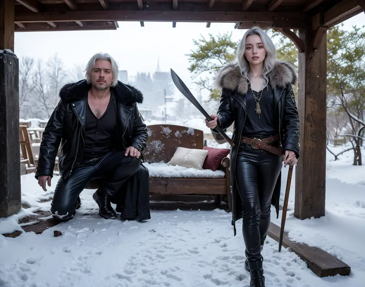 (photorealistic:1.5) perfect photo of one young girl that lived with monsters , and now leads the people to join them. summer time, action poses, (intricately detailed clothing), (leather and fur and animal skin clothing:1.4), (snow white hair:1.5) , epic, beasts, wizards, warriors, ancient time fantasy world setting, realism, cinematic lighting, greg rutkowski, wlop, swords, axes, hammers, spears, ruined cities, burned fields, spells, flame, ice, wind