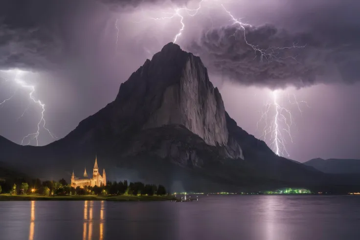photograph of a massive cathedral at the foot of a majestic mountain, lake in the foreground, raging thunderstorm, lightning flashing in the sky, lights and lightning reflecting off the lake
