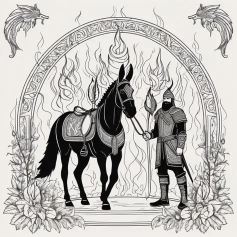 a man and a donkey stand side by side in leather armour (emblazoned with an occult fist surrounded by flames).,propaganda old poster,hand drawn,printed,silkscreen,school botanical poster,