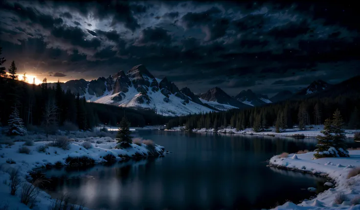 (photorealistic:1.6), A beautiful calm mountain lake at night, (overcast dark sky:1.7), winter, partially frozen lake, ((moonlight lighting the clouds the only light)), intricate, detailed, 4k, rich deep colors, sharp focus, ultra detailed