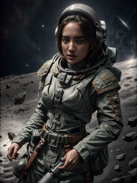 detailed photo portrait of ((jenn1f1850)), beautiful woman, face, detailed eyes, hair, 1girl, (photographic:1.3), (RAW photo:1.3), (ultra wide lens:1.3), (far shot:1.3), (an astronaut taking selfie floating on space:1.4), soldier, spacesuit, holding a axe, fighting, war, battle, (helmet on:1.3), (infinite space behind her:1.3), (no gravity:1.1), soft lighting, film grain, Fujifilm XT3, dslr, masterpiece, best quality, realistic, high-quality, realistic works, ultra-high details, 8k uhd, real skin materials, <lyco:add_detail:.5>, astra militarum, imperial guard, wh40k, <lyco:whsororitas_v4:.3>, <lyco:ww1ger_v0.1:.5>, grey and green spacesuit, armor, detailed eyes, sharp focus, <lyco:Saint Celestine MK1 by CARAXES:.3> saint celestine, toned abs, fit body, detailed skin texture