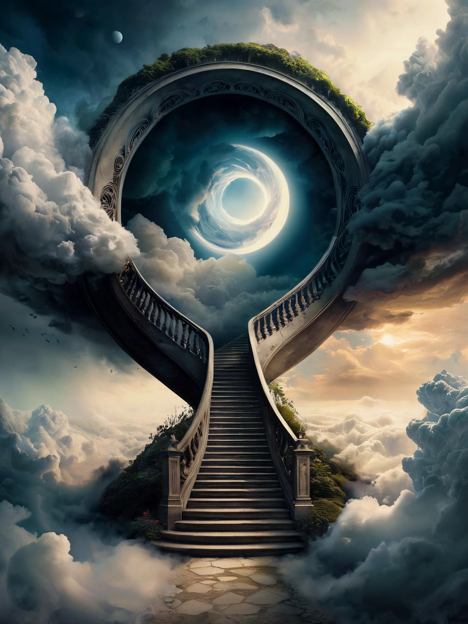 Stairway to heaven, built on clouds, carried to the sky.
Fantasy style. Fantasy dreamlike art. Mystical, misty.
Swirling watercolor,
Surreal Harmony,
<lora:RMSDXL_Enhance:1>
<lora:add-detail-xl:1>
<lora:Surreal Harmony:1>
<lora:The_Dark_Side_of_the_Earth:0.2>