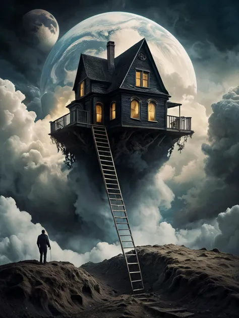 A man climbing a ladder to reach a house that is buried in the clouds.

Fantasy style. Fantasy dreamlike art. Mystical.

Surreal Harmony,

<lora:RMSDXL_Enhance:1>
<lora:add-detail-xl:1>
<lora:Surreal Harmony:1>
<lora:The_Dark_Side_of_the_Earth:0.2>
